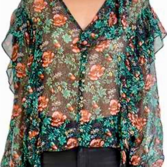 THE KOOPLES asymmetrical ruffle trimmed poppie field semi sheer blouse - Picture 2 of 16